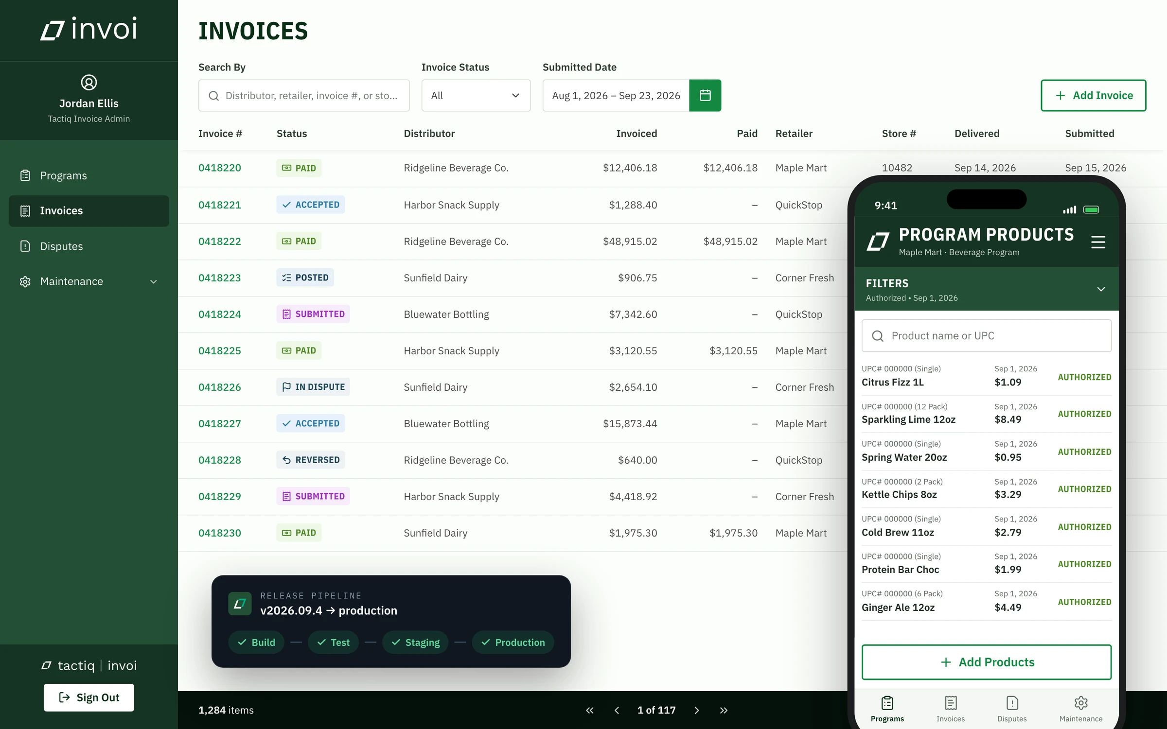Invoi's Invoices screen listing distributor invoices with status, amounts, retailer and store, beside the Invoi mobile app and a release pipeline card showing a version promoted to production.