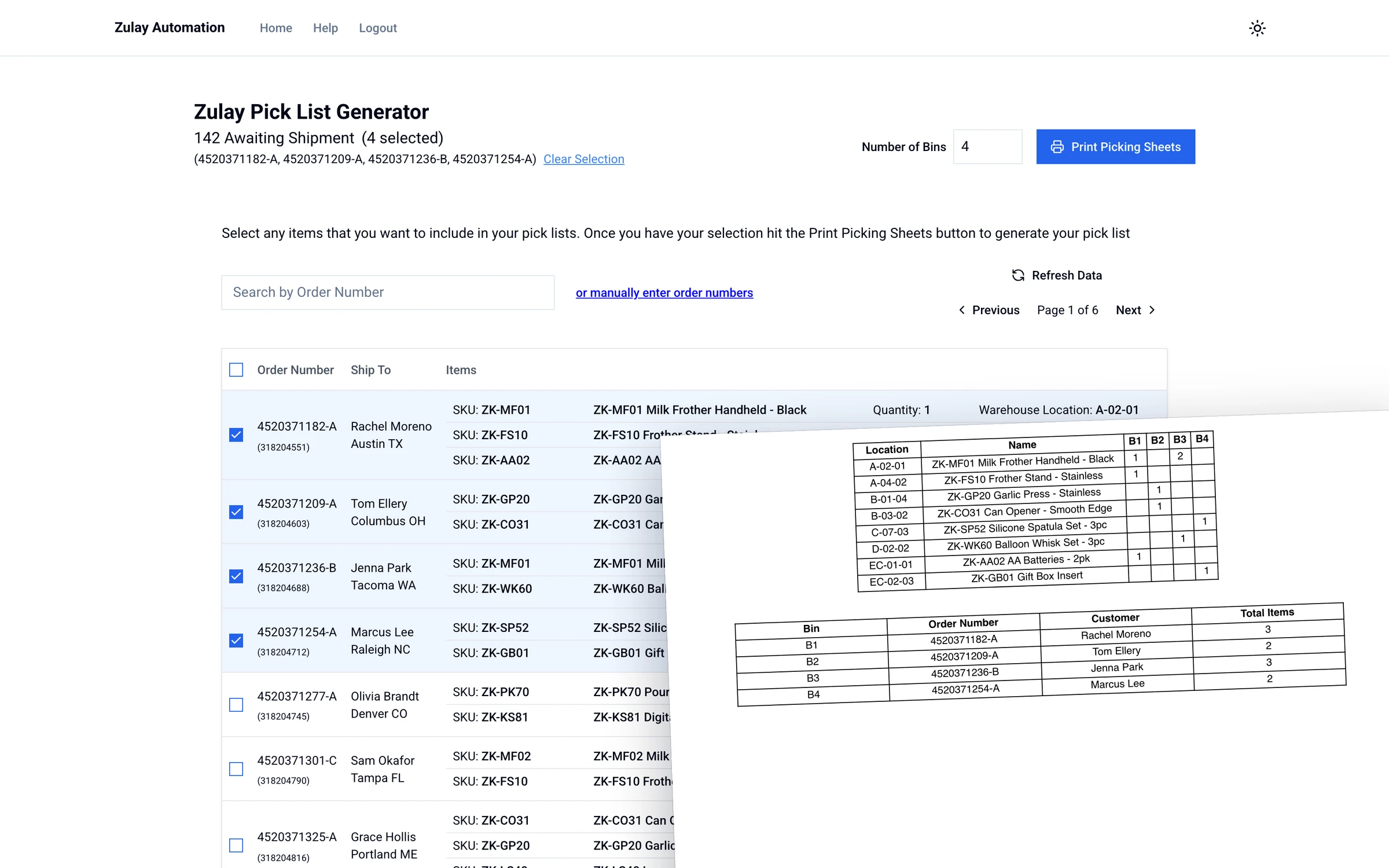 The Zulay Pick List Generator with four ShipStation orders selected, showing each item's product code and warehouse location, next to the printed picking sheet that merges those orders into one location-sorted list with a bin for each order.
